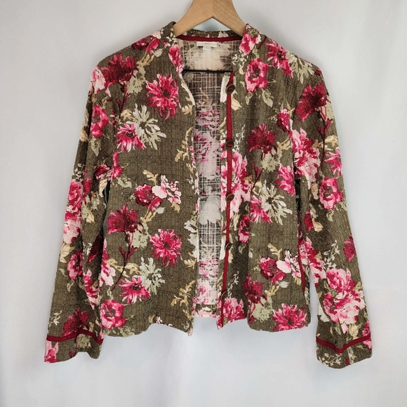 J. Jill Women's Olive Textured Floral Button Front Jacket Size M Petite - Picture 7 of 10